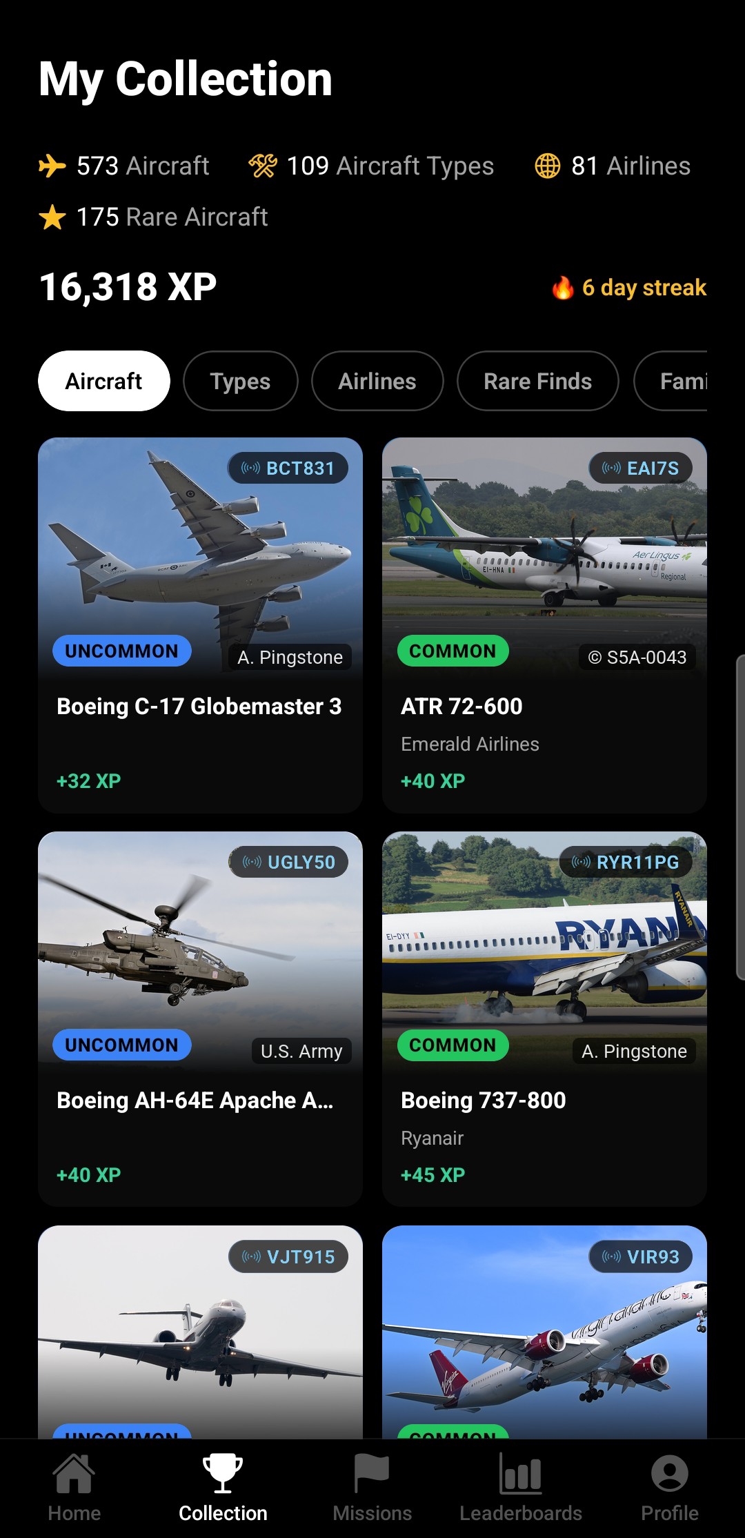 A player's collection: a C-17 Globemaster, an ATR 72-600, an Apache helicopter and a Boeing 737-800